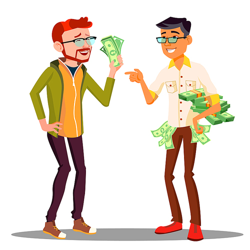 Different Salaries Of Office Staff, One Employee With Bills In Hand, Another With Stack Of Money Vector. Illustration