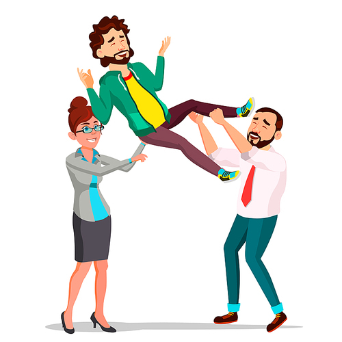 Customer Support, Employee In Business Suit Holding A Happy Client Over His Head Vector. Illustration