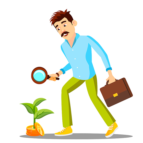 Businessman Looking For Money With Magnifier On The Floor, Investment Search Vector. Illustration