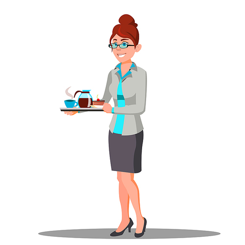 Secretary Girl In Suit Carrying A Cups Of Coffee On A Tray Vector. Illustration