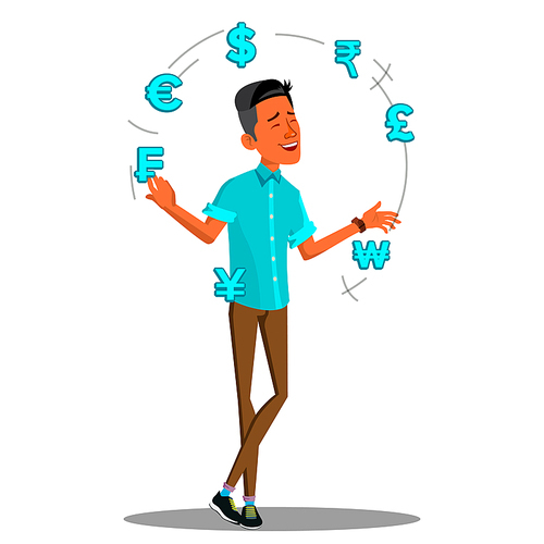 Currency Exchange, Manager Juggles Currency Signs Vector. Illustration