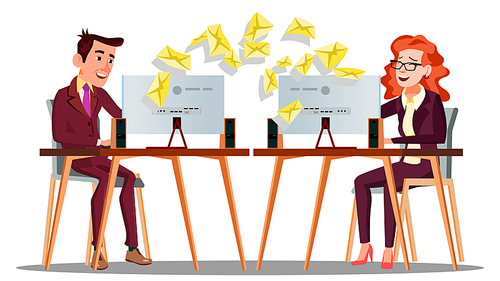 Business Correspondence, Envelopes Flying At The Table Of Manager Vector. Illustration