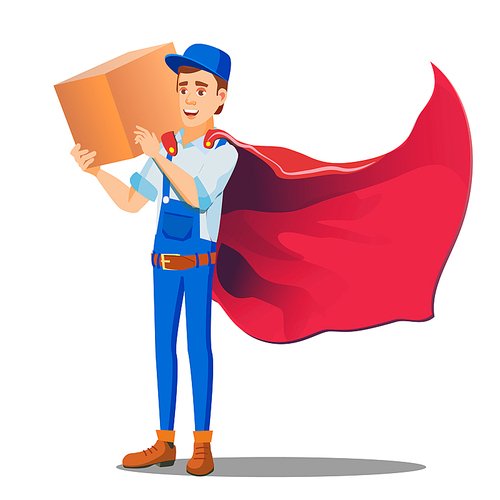 Delivery Service, Man In Superhero Uniform With Box In Hand Vector. Isolated Illustration