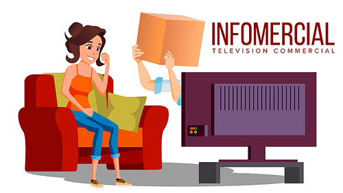 Infomercial, Shop On The Sofa, Woman Sitting On The Sofa In Front Of Tv And Delivery Hands Vector. Illustration