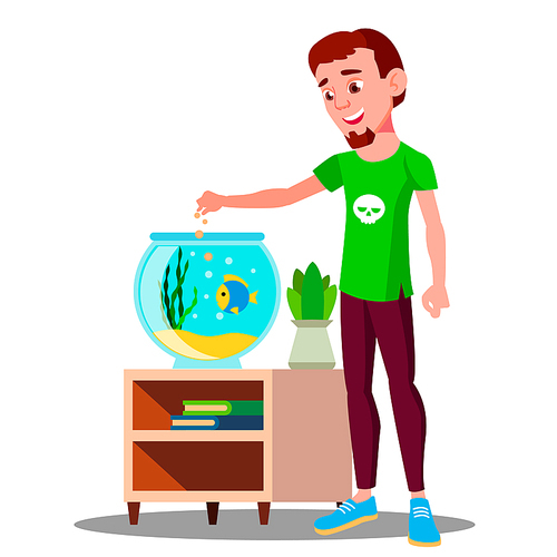 Teenager Feeding A Fish In Aquarium Vector. Illustration