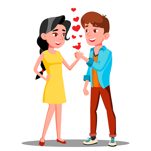 Teens Boy And Girl Hold Hand Together, Romantic Moment Vector. Illustration