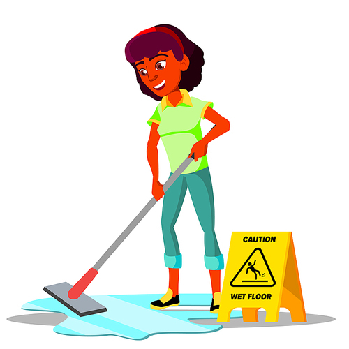 Teenager Girl Cleaning The Floor Of Flat Vector. Illustration