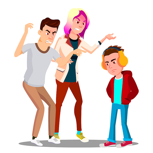 Conflict With Parents, Father And Mother Scolding Teenager Vector. Illustration