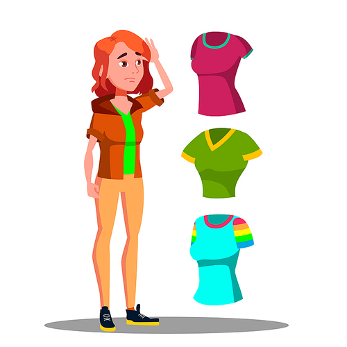 Young Girl Choosing Shirt, Dresses Vector. Illustration
