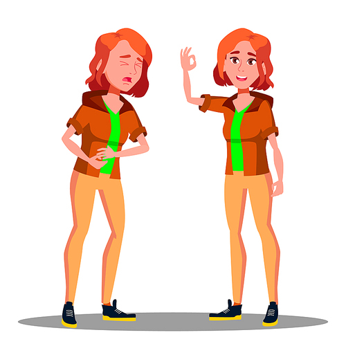 girl with stomach pain from unhealthy  vector. isolated illustration