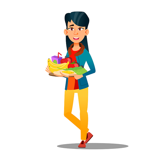 Happy Vegan Girl With Plate Of Fruits And Vegetables Vector. Isolated Illustration