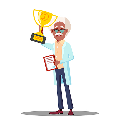 Happy Doctor Holding Winner Cup, Best Doctor Vector. Isolated Illustration