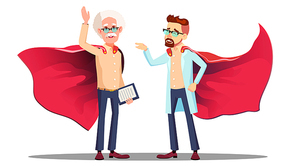 Two Doctors In Read Cloak Of Super Hero Vector. Isolated Illustration