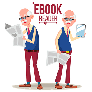 E-Book Reader Vector. Old Man. Paper Book VS E-book. Isolated Cartoon Illustration