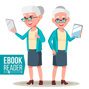 E-Book Reader Vector. Old Woman. Electronic Gadget. Mobile Library. Digital Tablet. Isolated Cartoon Illustration