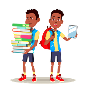 E-Book Reader Vector. Boy, Afro American Child. Contemporary Education. Paper Book VS E-book. Isolated Cartoon Illustration