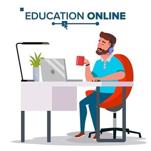 Education Online Vector. Home Online Training Course. Young Handsome Man In Headphones Sitting. Modern Study Technology. Isolated Flat Cartoon illustration