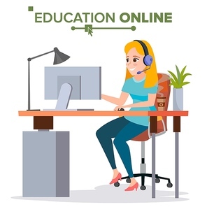 Education Online Vector. Home Online Education Service. Young Woman In Headphones Working With Computer. Modern Learning Technology. Isolated Flat Cartoon illustration