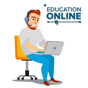 Education Online Vector. Home Online Education Service. Young Man In Headphones Working With Computer. Modern Learning Technology. Isolated Flat Cartoon illustration