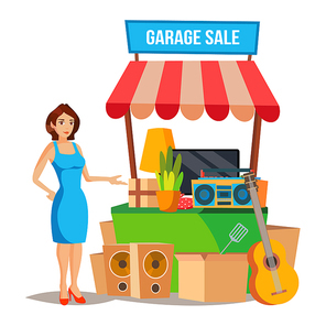 Garage Sale Vector. Assorted Household Items. Flat Cartoon Illustration