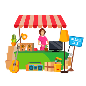 Yard Sale Vector. Household Items Sale. Woman Manning a Garage Sale. Cartoon Character Illustration