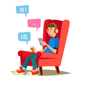 Teen Boy Vector. Teen Boy Texting With Cell Phone. Smart Phone Chatting Addiction. Cartoon Character Illustration