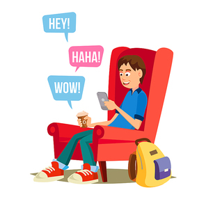 Teen Boy Vector. Young Teen Boy Smiling. Teens Chatting On Messenger. Flat Cartoon Illustration