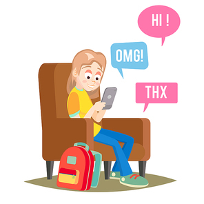 Teen Girl Vector. Teen Girl Texting With Cell Phone. Smart Phone Chatting Addiction. Cartoon Character Illustration