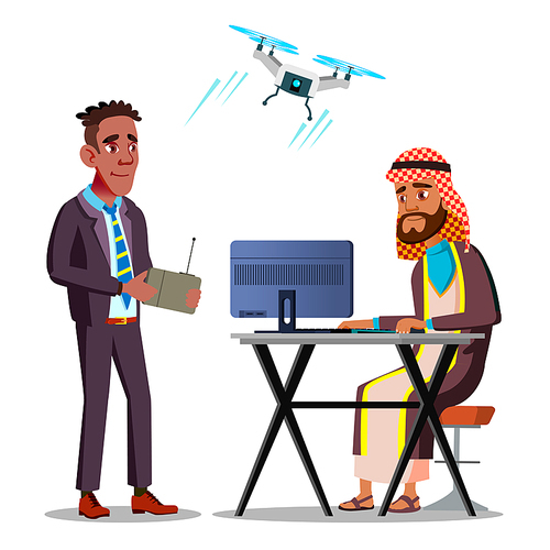 International Espionage. African American Businessman Launches A Flying Drone Over Arab Businessman Sitting At Desk With Laptop Vector Flat Illustration