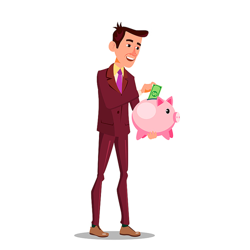 Happy Businessman Putting Money In The Piggy Bank Vector Flat Illustration