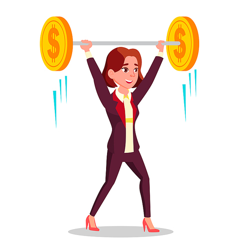 Businesswoman Holding Barbell With Coins Over Head Vector Cartoon Illustration