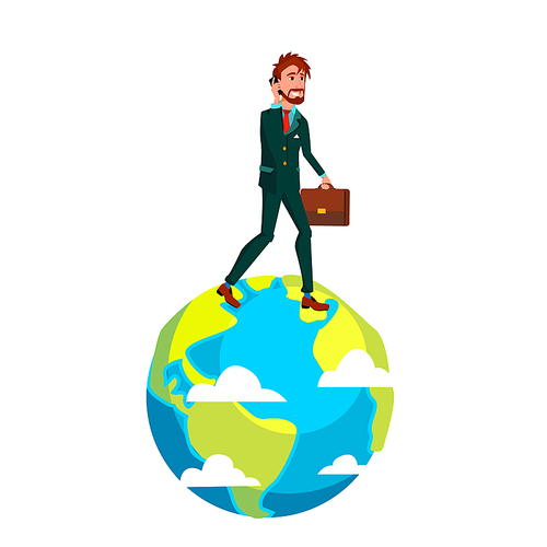 Businessman With Suitcase Walking On Top Of Earth Vector Cartoon Illustration