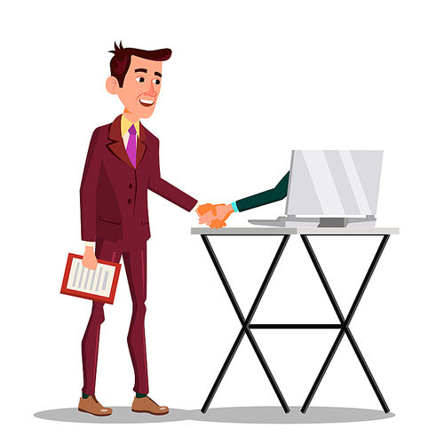 Businessman Shaking Hand Extended From Screen Of His Laptop Vector Cartoon Illustration