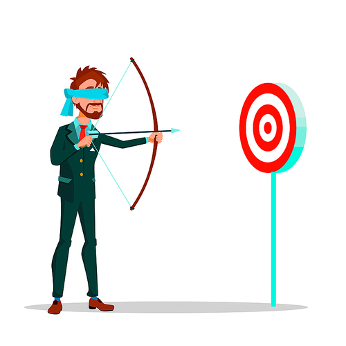 Blindfolded Businessman Aiming At Target From A Bow Vector Cartoon Illustration