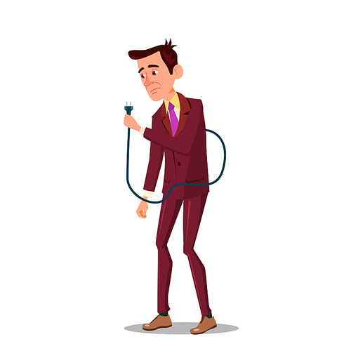 Sad Tired Businessman Holding Power Cord In Hand Vector Flat Illustration