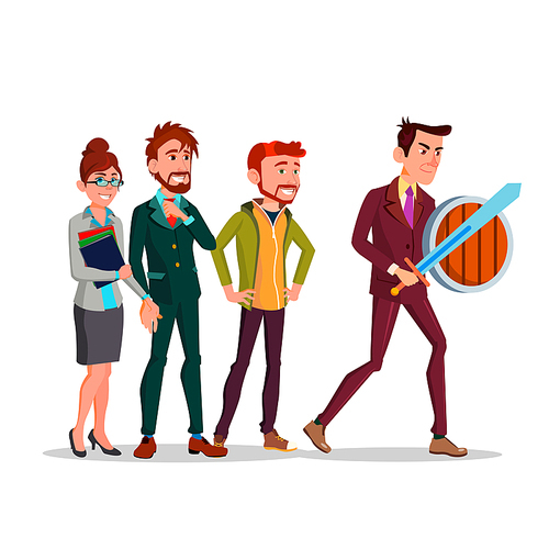 Team Leader. Man With Sword And Shield And His Team Behind Vector Flat Illustration