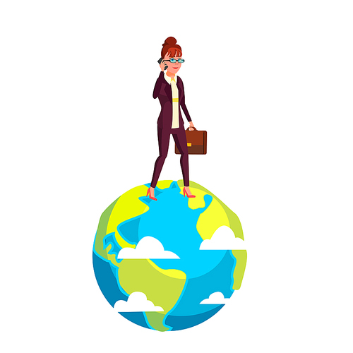 Businesswoman Walking On Planet With Briefcase In Hand Vector Cartoon Illustration