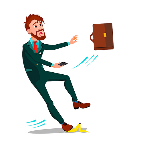 Man In Business Suit With A Briefcase And A Smartphone Slipped On A Banana Peel Vector Flat Illustration