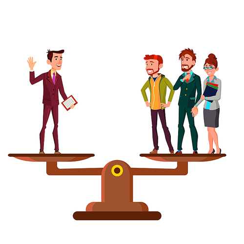 man vs group of people stand on scales in equal balance vector flat illustration