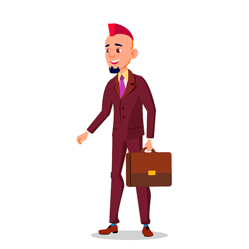 Man In Business Suit, With A Briefcase In Hand And With Color Eroquois On His Head Vector Flat Illustration