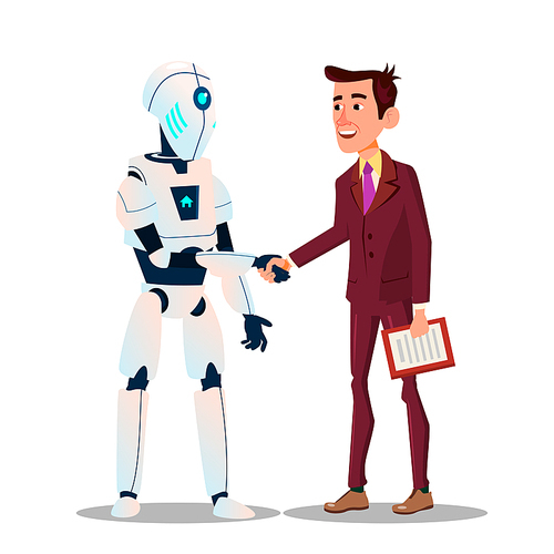 Robotics And High Technology. The Robot Shakes Hands With A Businessman. Signing A Contract Vector Flat Illustration