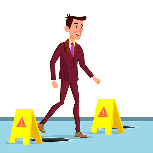 Luck. Happy Man In Suit Bypasses Open Hatches Vector Flat Illustration