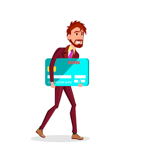 Businessman Carries Big Credit Card Under His Arm Vector Flat Illustration