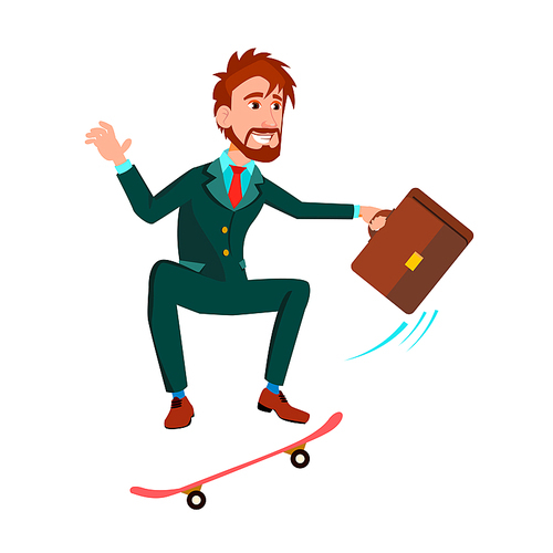 Businessman With Briefcase Rushes Standing On Skateboard Vector Flat Illustration