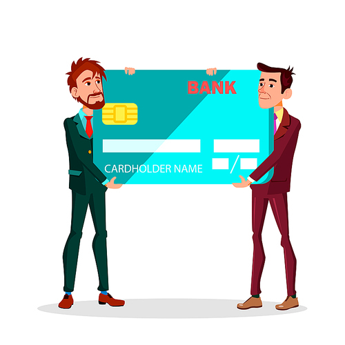 Two Businessmen In Hands With Great Effort Carry Large Credit Bank Card Vector Flat Illustration