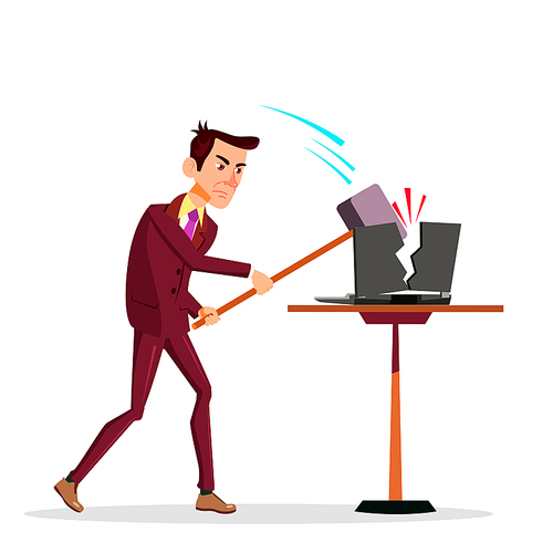 Stressful Businessman Breaking His Laptop With Big Hammer Vector Flat Illustration