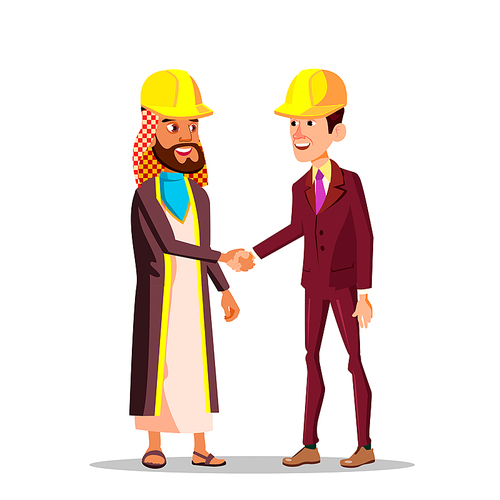 Realtors And Construction Business. Arabian Businessmen And Caucasian Shaking Hands In Yellow Helmets Vector Cartoon Illustration