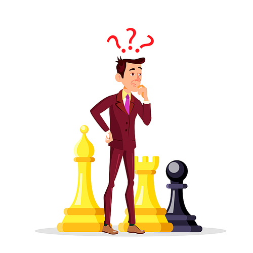 Manager Standing Among Large Chess Pieces With Question Mark Above His Heads Vector Flat Illustration