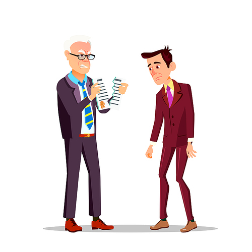 Professional Unsuitability. Angry Boss Breaking Into Pieces A Diploma Of Young Employee In Business Suit Vector Cartoon Illustration