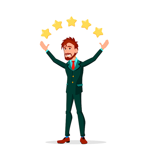 Evaluation Of Customer Service. Manager Throws Up Five Stars From His Hands Vector Flat Illustration